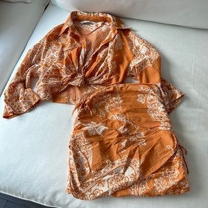 Zara orange printed skirt & top set size S